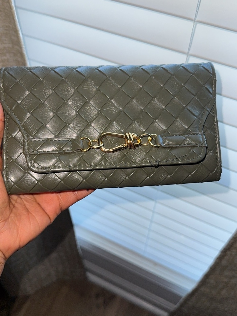 Time and Tru Olive Green & Gold Quilted Chain Wristlet with ID Window